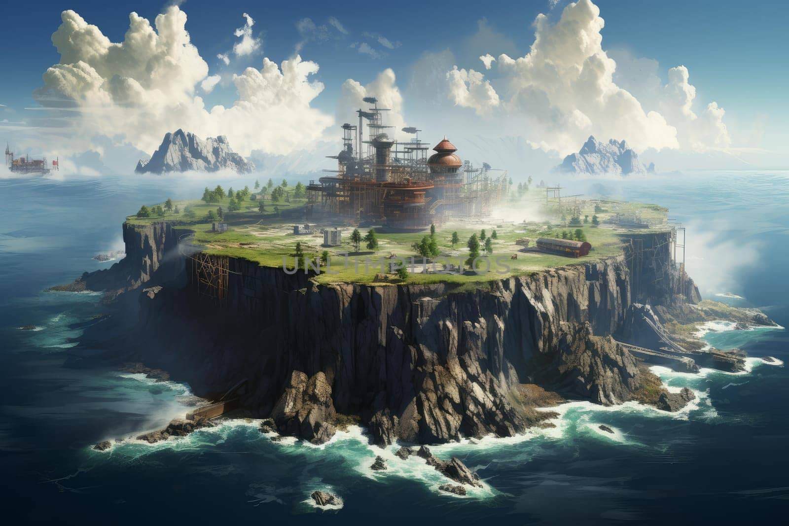 Prison island buildings. Nature travel sea. Generate Ai
