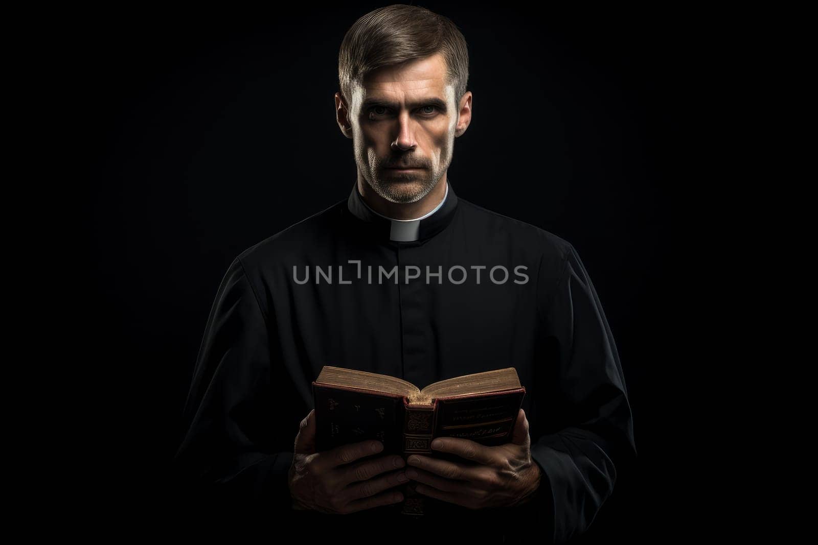 Priest with bible on black background. God religion cross, church pastor. Generate Ai