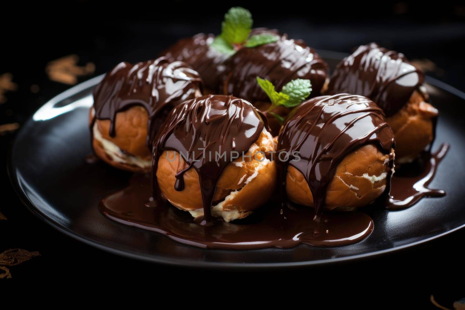 Profiteroles chocolate. Sauce cooking cream. Generate Ai