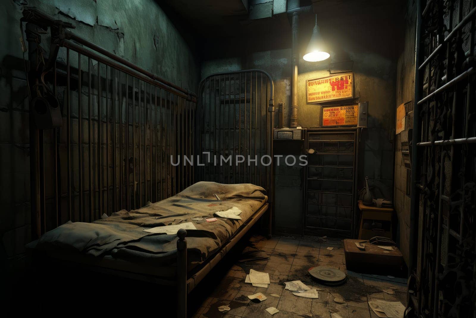 Foreboding Prisoner cage prison portrait. Sad behind lock metal iron security. Generate Ai