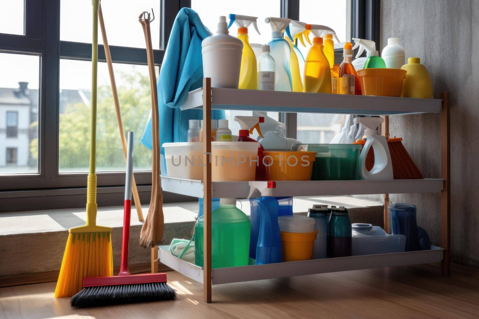 Professional janitor organizer cleaning. Woman sanitary cleaner indoors. Generate Ai