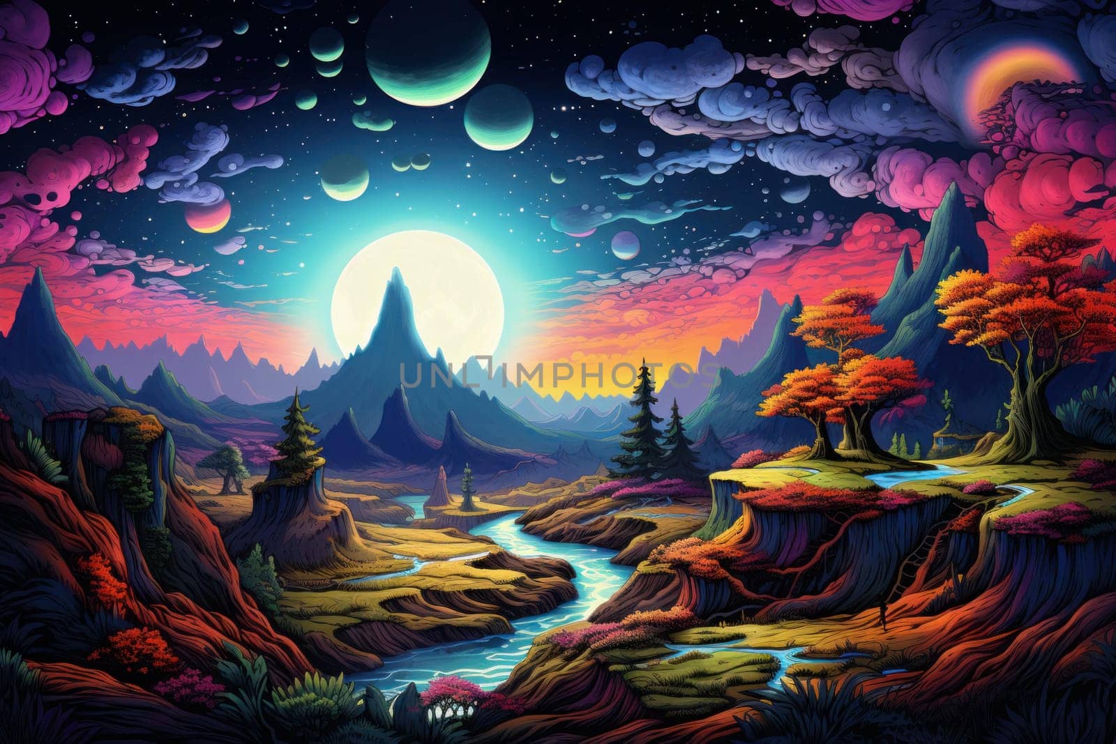 Psychedelic landscape. Summer forest fantasy. Generate Ai