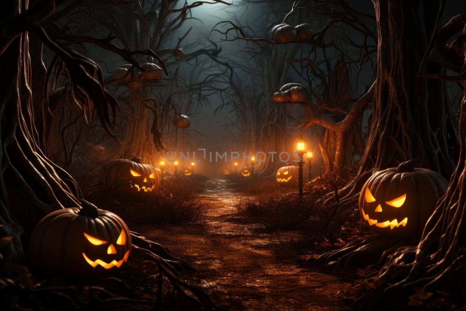 Pumpkin forest halloween ghost. Smoke poster. Generate Ai