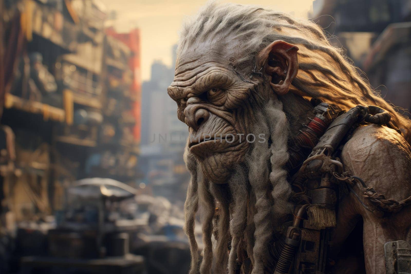 Prehistoric old man future city. Modern panorama. Generate Ai