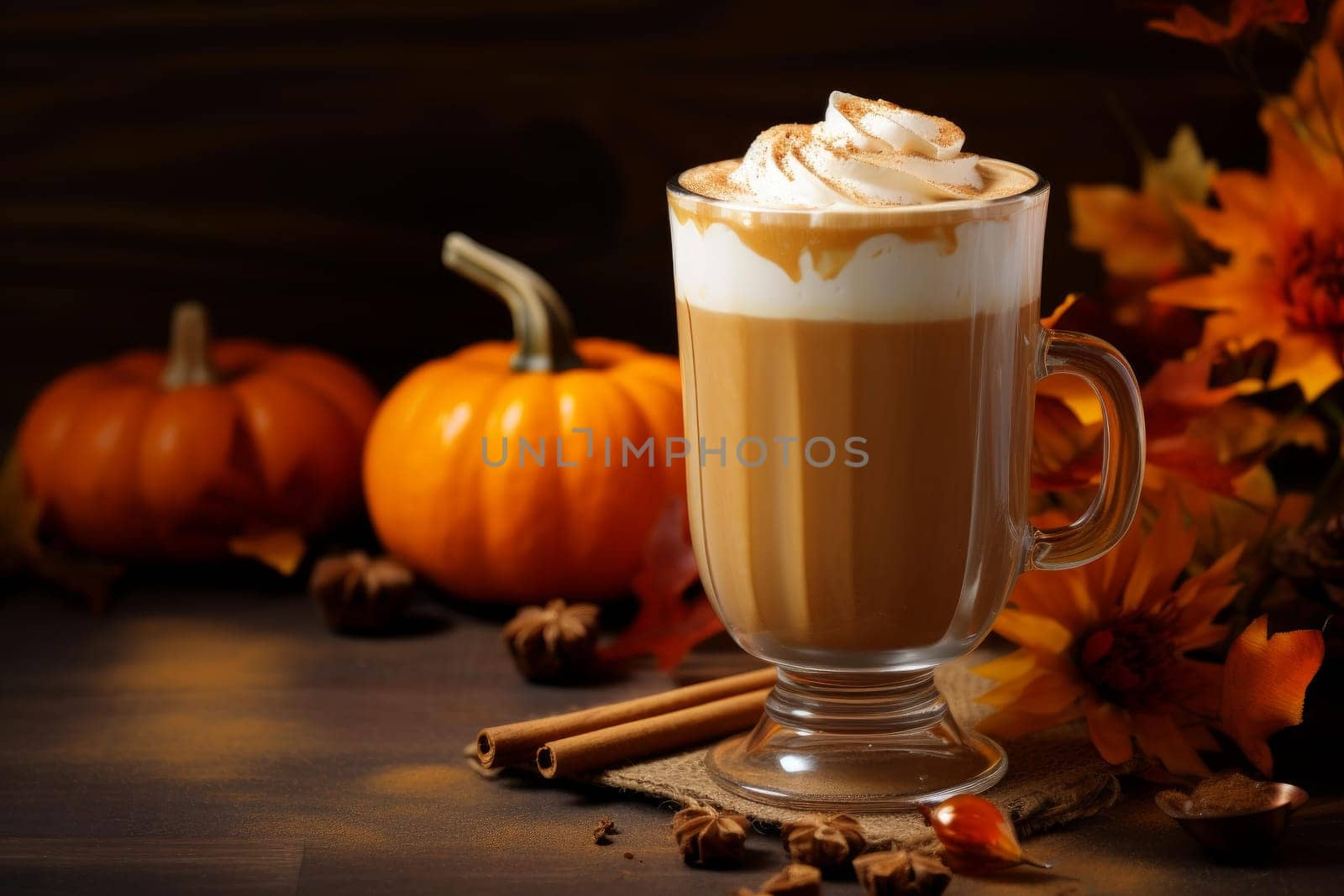 Pumpkin latte drink. Glass table. Generate Ai