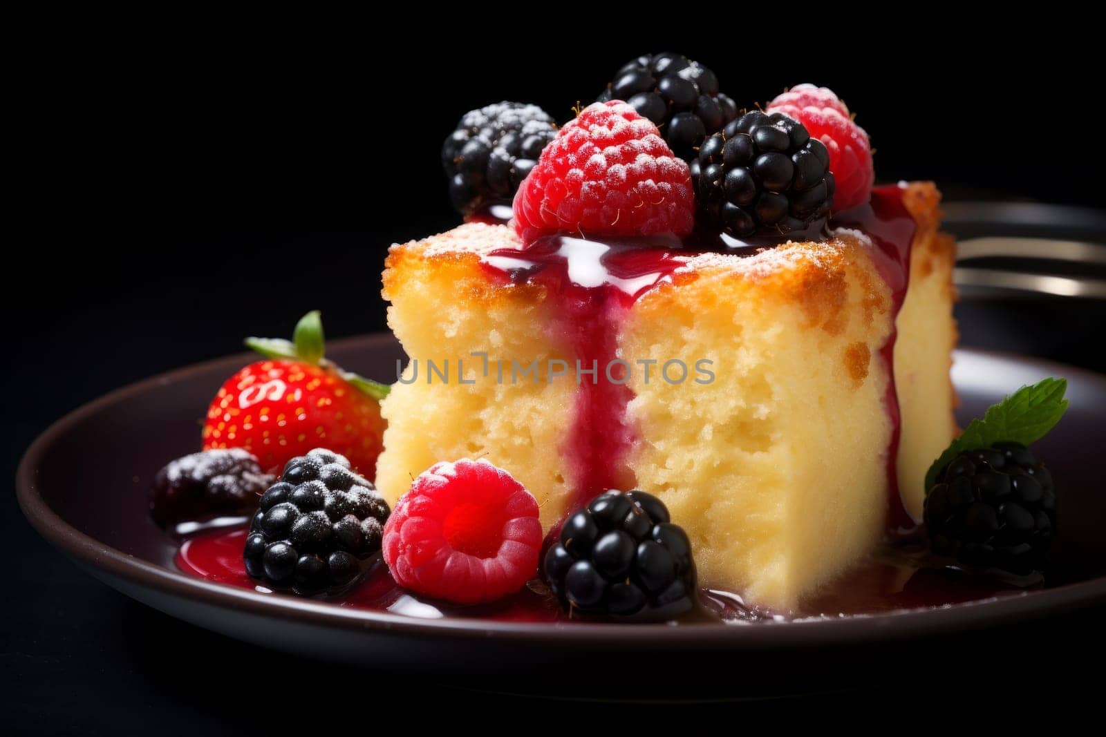 Pudding cake berries. Table sweet dessert food fruit. Generate Ai