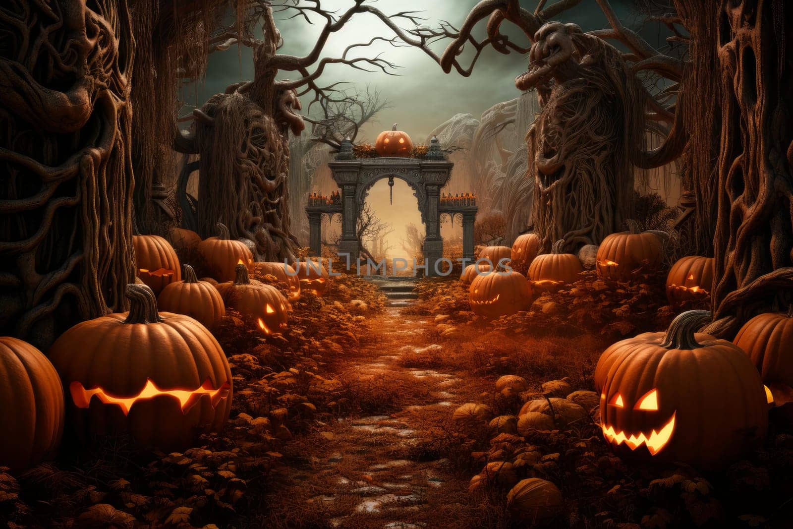 Pumpkin forest halloween. Sky party. Generate Ai