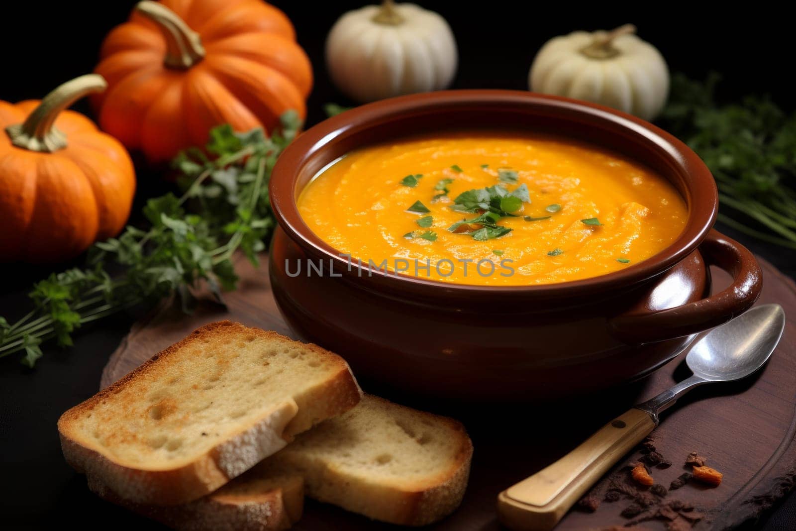 Pumpkin soup. Creamy orange plate. Generate Ai