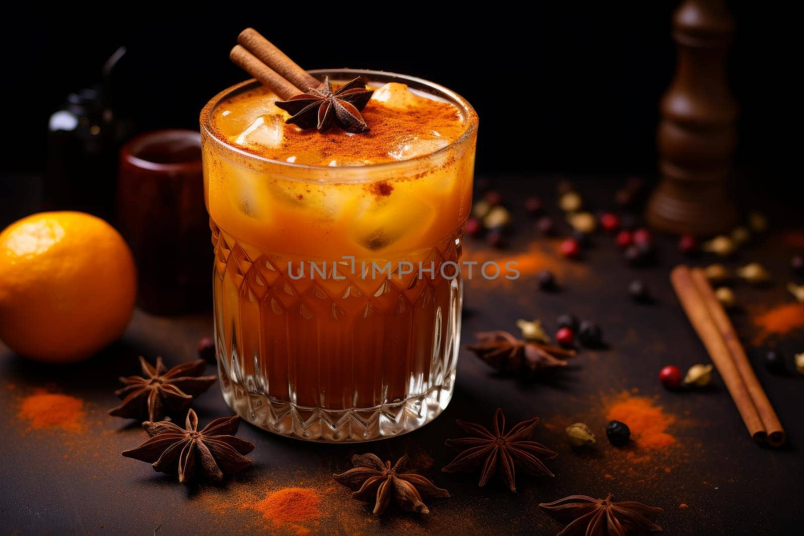 Pumpkin drink glass organic. Raw yellow smoothie diet. Generate Ai