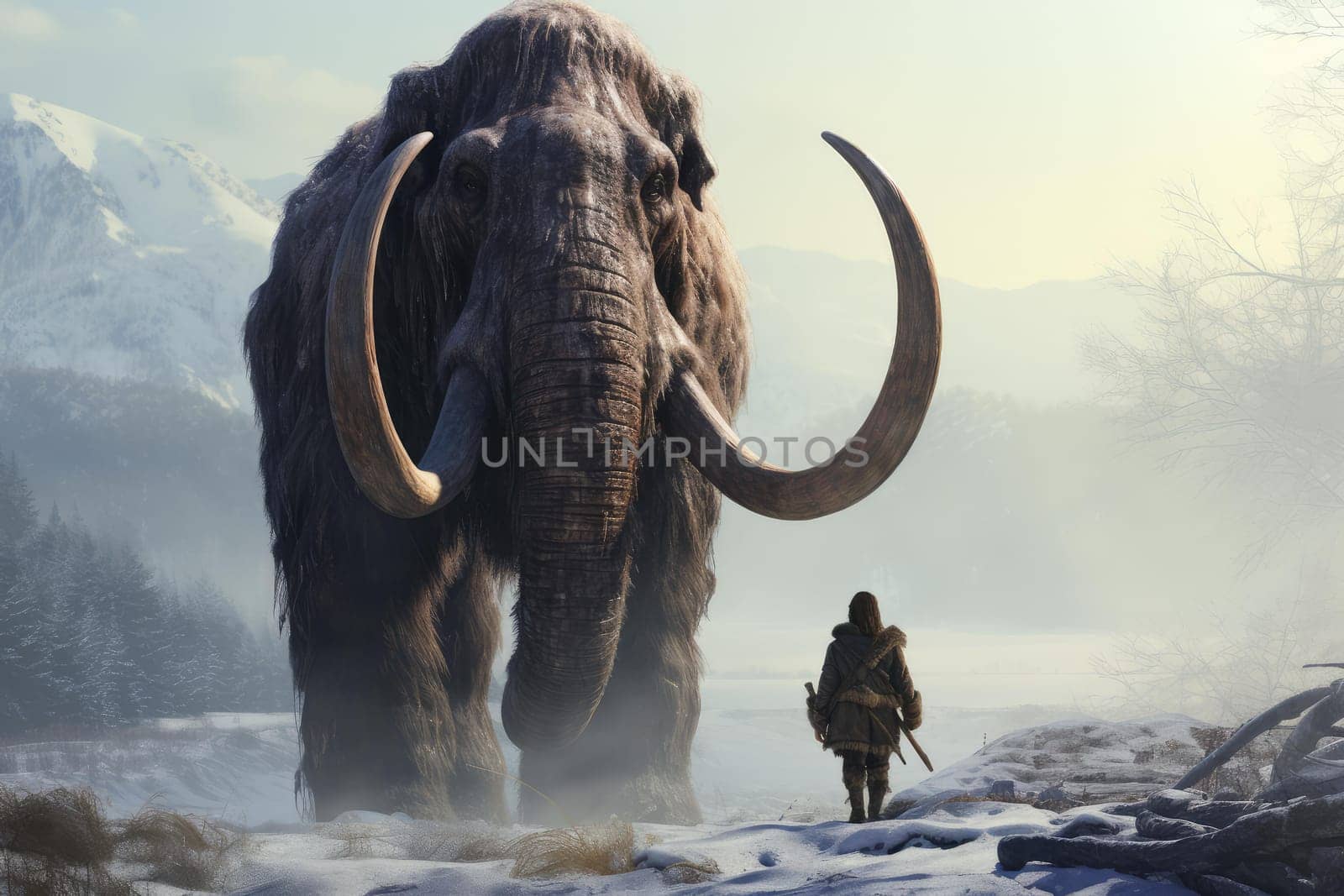 Prehistoric mammoth with woman. Primitive animal. Generate Ai