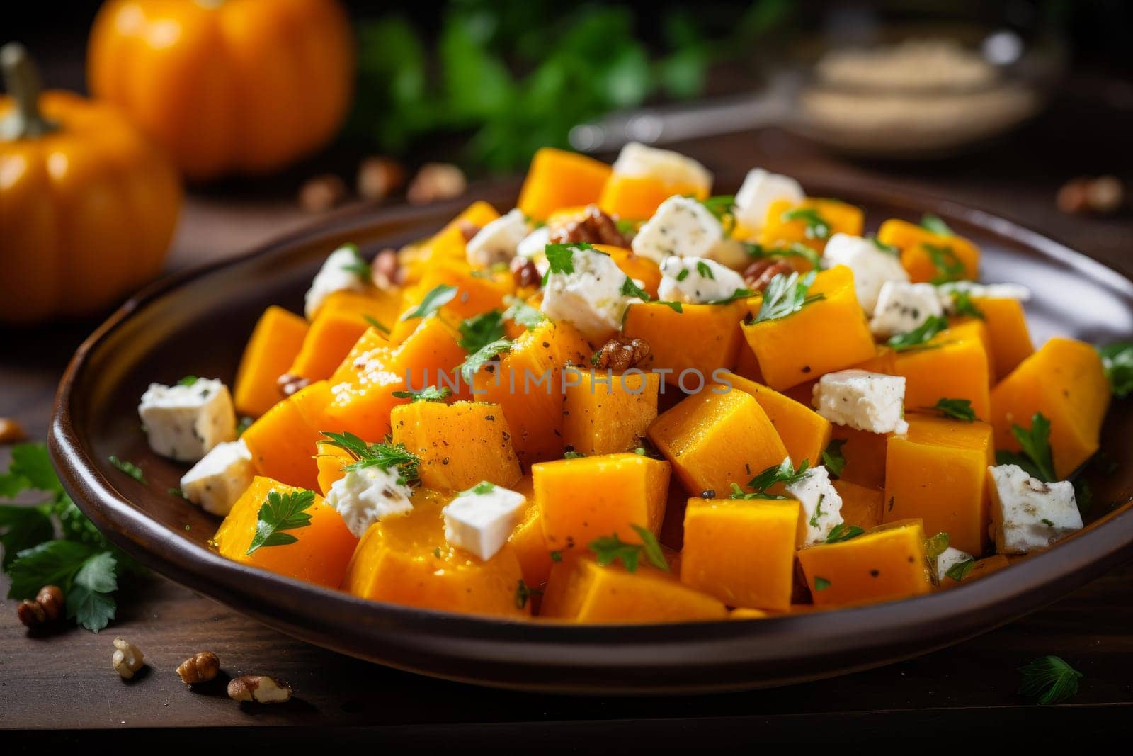 Pumpkin salad feta. Food leaf cheese recipe vegetarian. Generate Ai