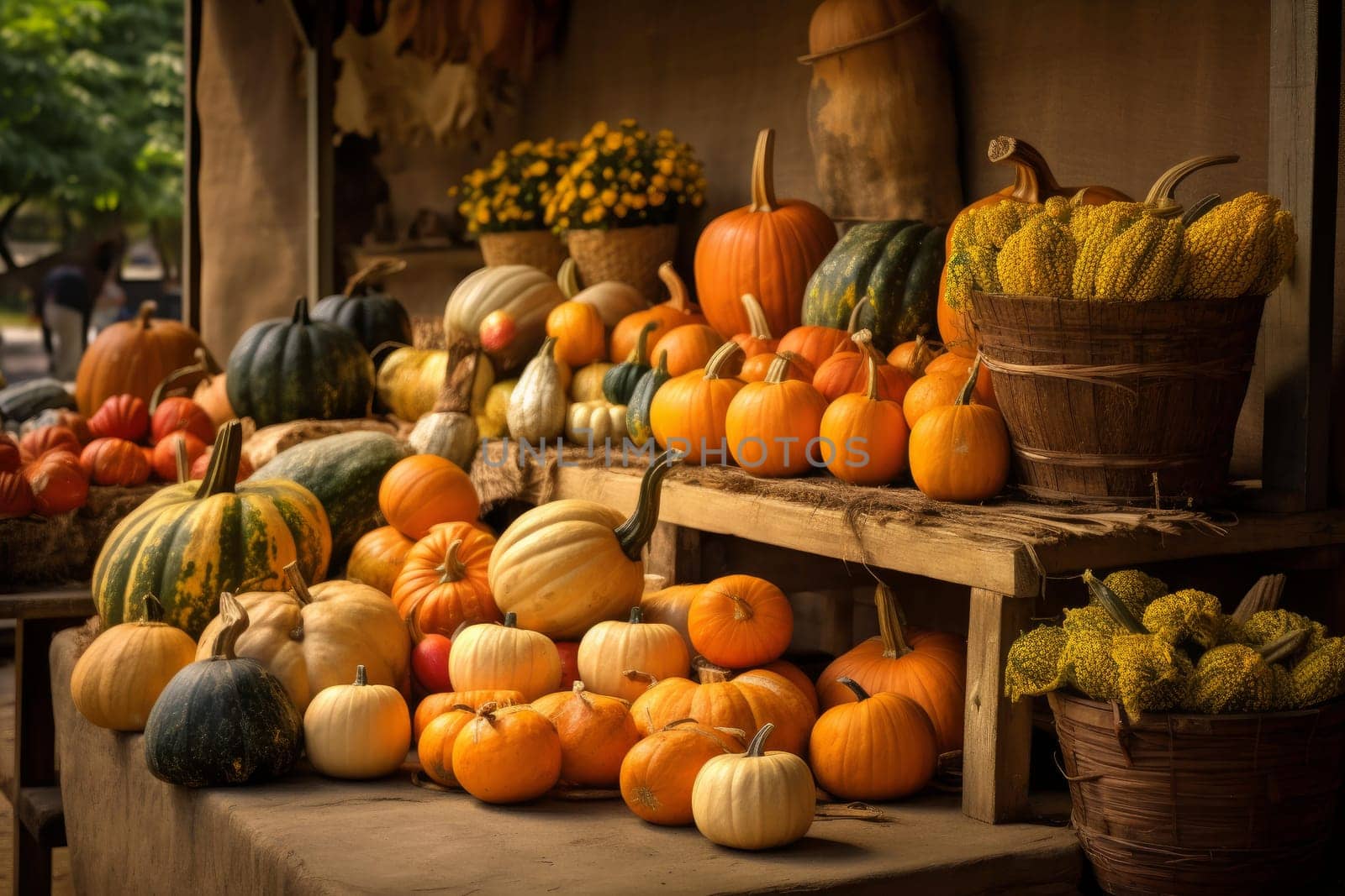 Bustling Pumpkin farmer market outdoor. Food field. Generate Ai