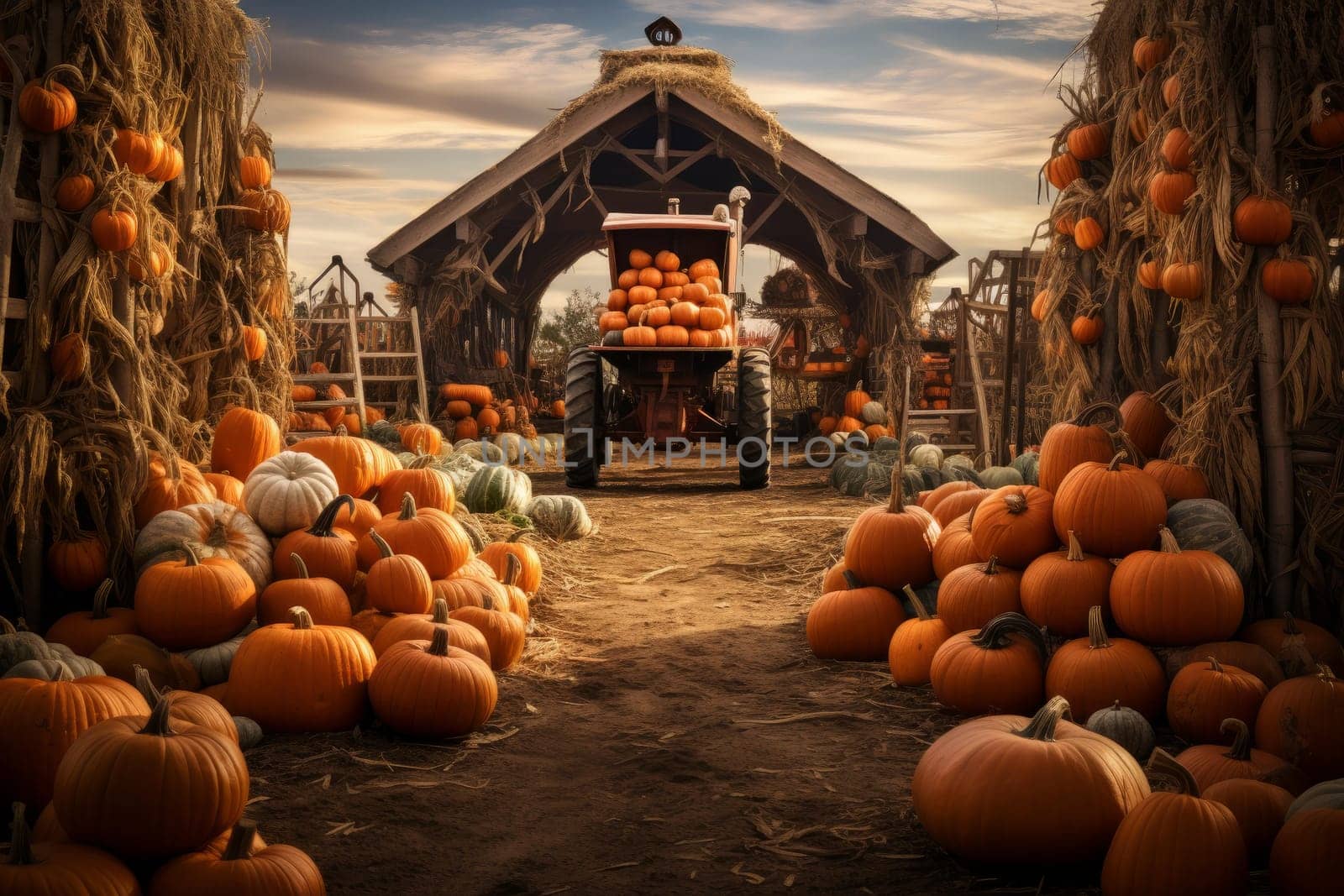 Pumpkin harvest cart. Mini stack. Generate Ai