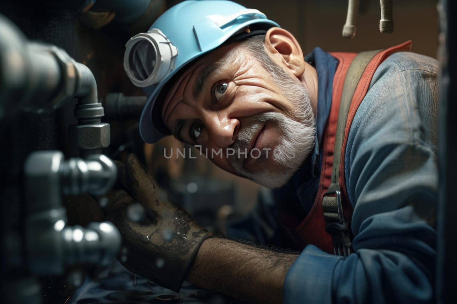 Happy professional plumber portrait. Domestic work fixing service man. Generate Ai