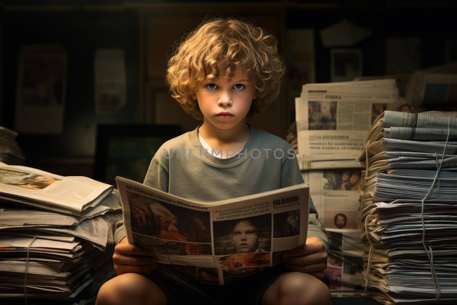 Child boy printed newspapers. Press media wall. Generate Ai