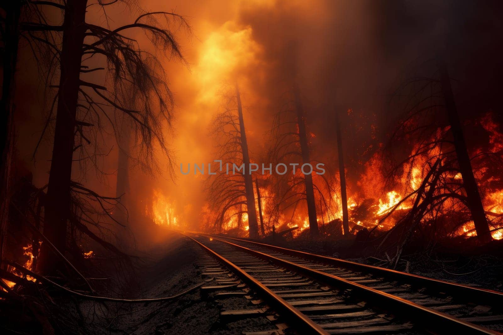 Railway fire forest natural. Scenic death. Generate Ai