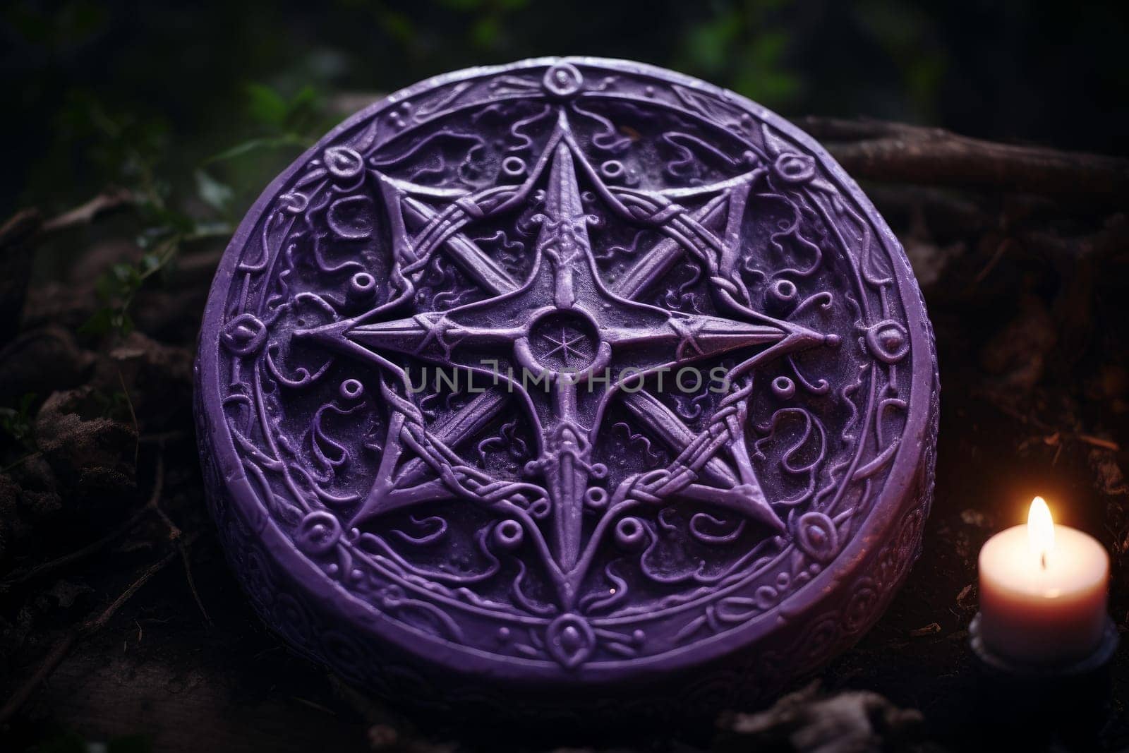 Purple wax candle sigil. Holiday light glowing festive wick. Generate Ai
