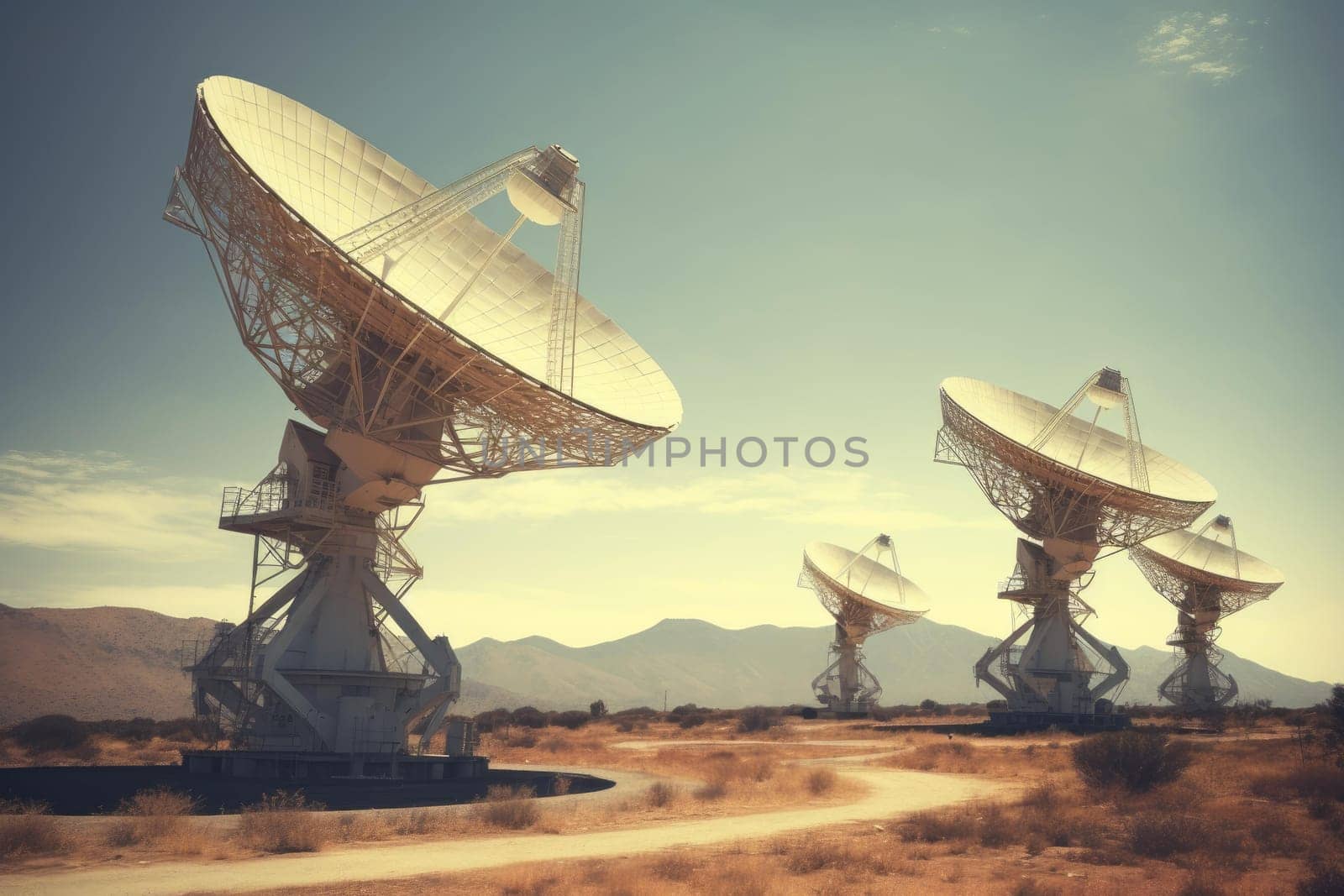 Massive Radio telescope pointing sky. Astronomy space science antenna rotation. Generate Ai