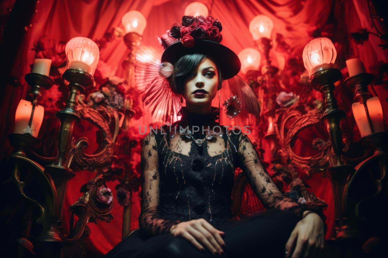 Psychedelic victorian cabaret. Glamorous fashion clothing woman style. Generate ai