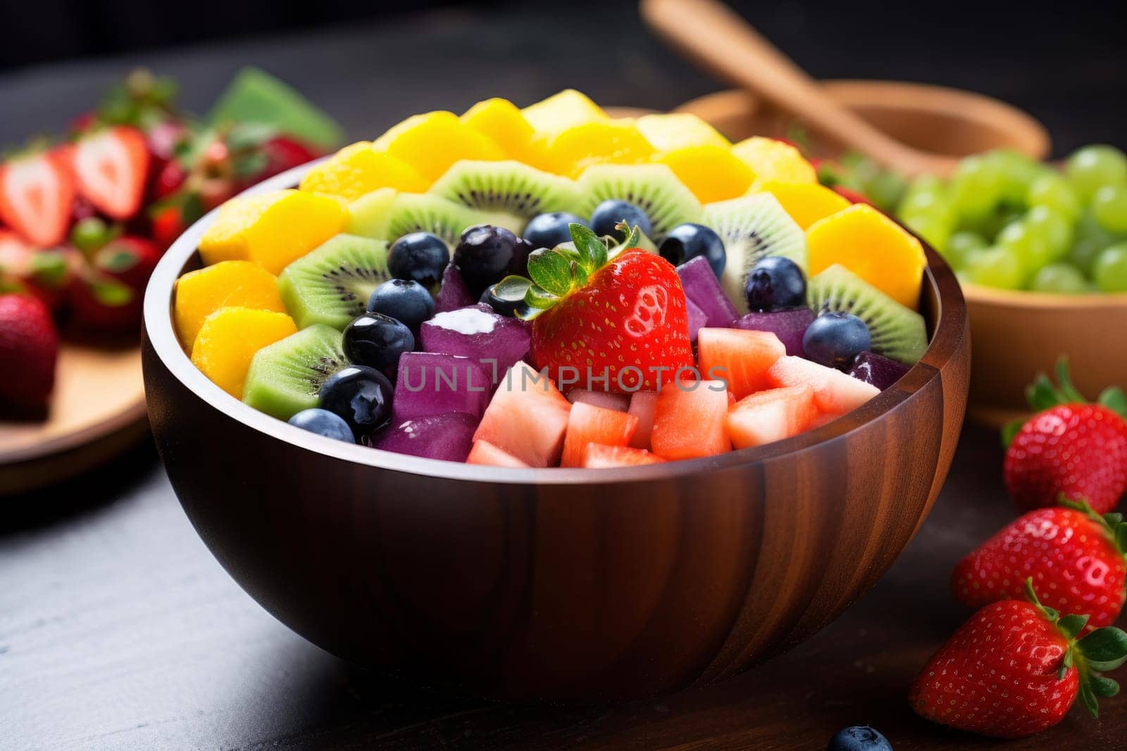 Rainbow fruit salad. Green food. Generate Ai