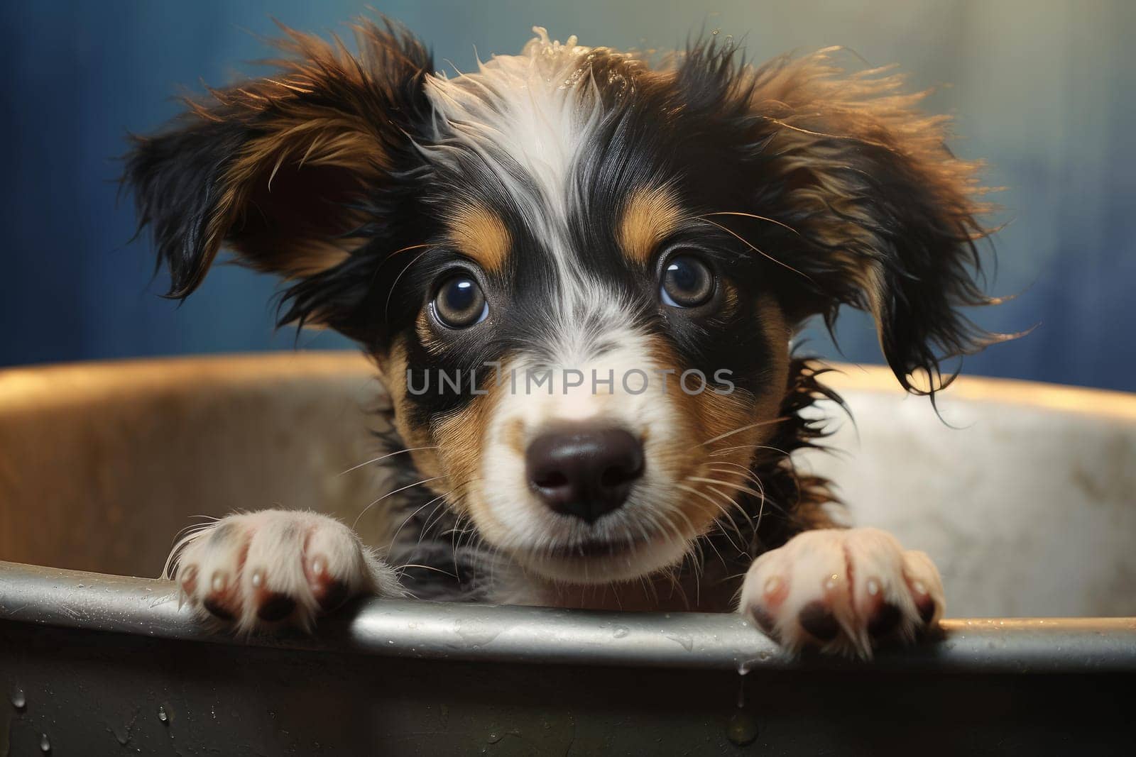Puppy dog foam bath. Home water. Generate Ai
