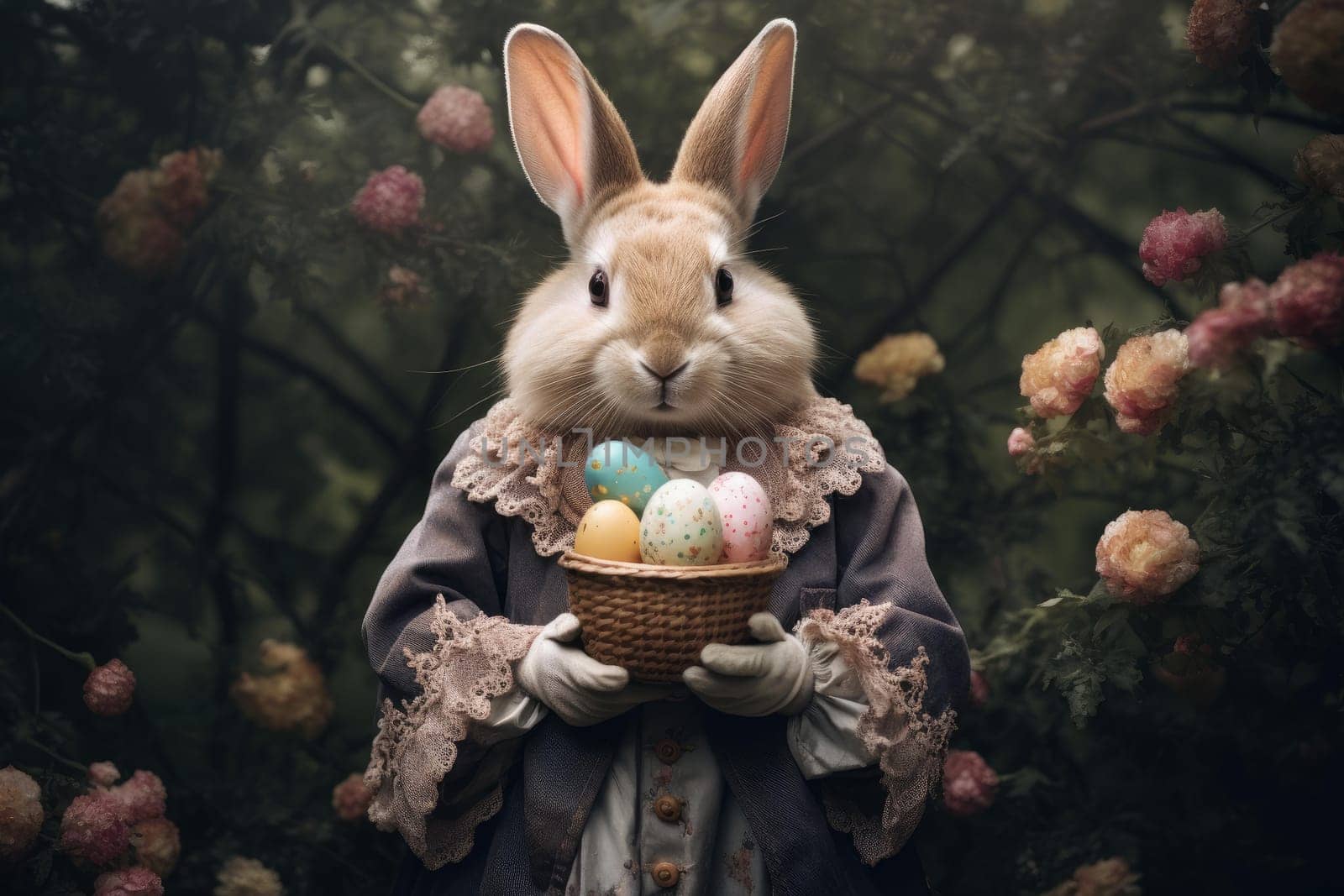 Rabbit holding easter colorful egg. Nature outdoor green grass animal. Generate Ai