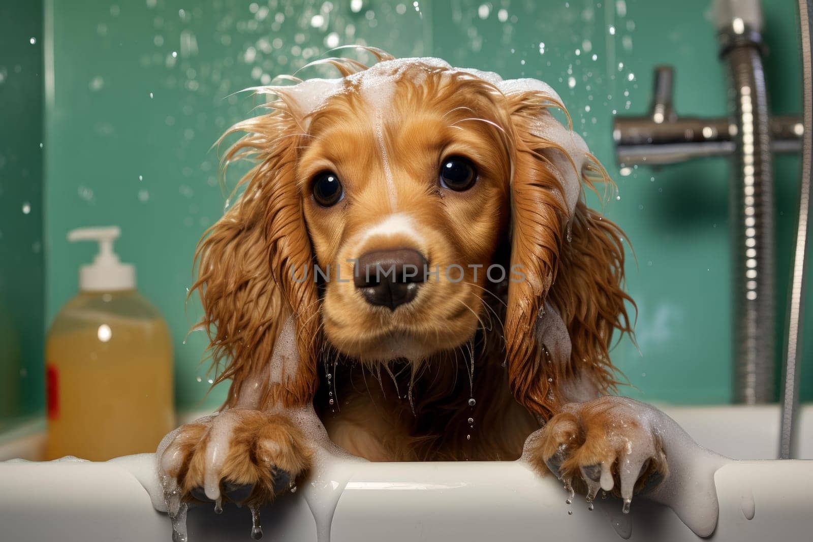 Puppy dog foam shampoo bath. Animal pet. Generate Ai