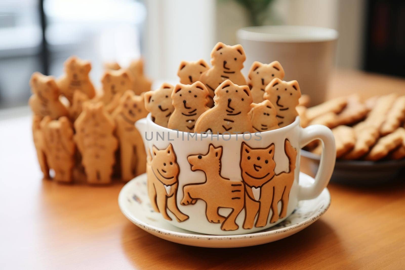Puppy funny stand on table biscuits. Care domestic. Generate Ai