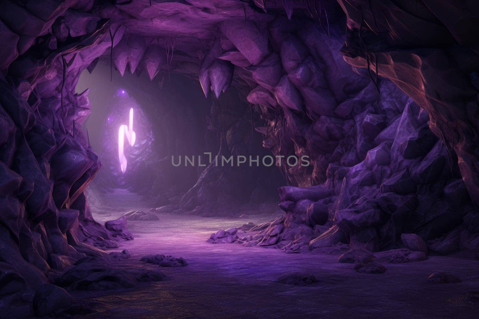 Purple cave rock curve. Cavern interior. Generate Ai