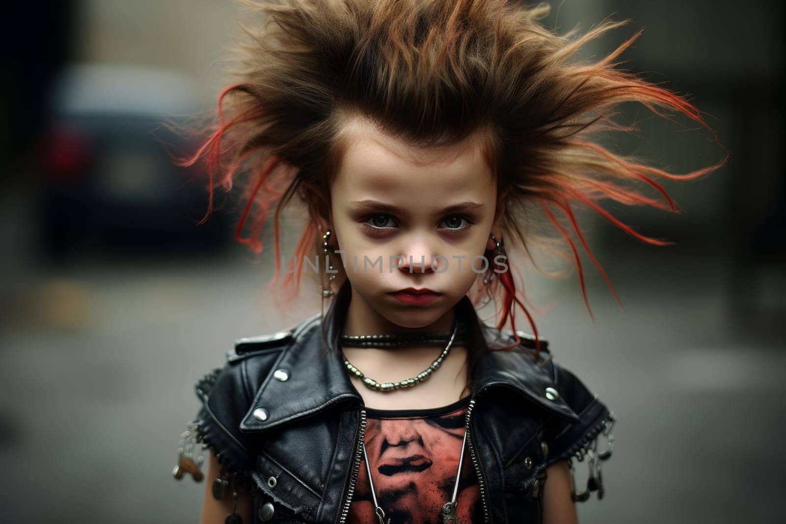 Punk colorful girl. City street photo with stylish girl. Generate Ai