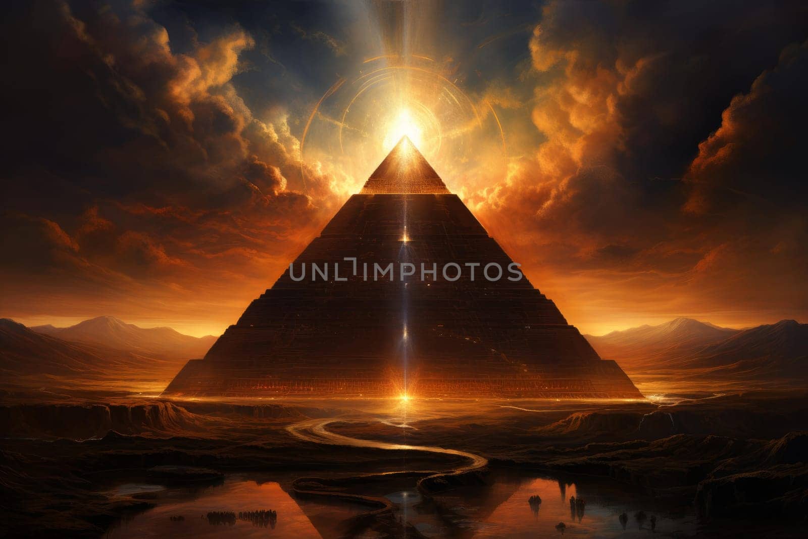 Pyramid radiating energy. Futuristic light. Generate Ai