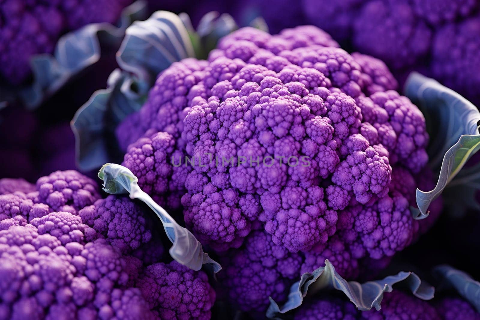 Closeup photo of purple cauliflower. Fresh organic raw violet vegetable. Generate ai