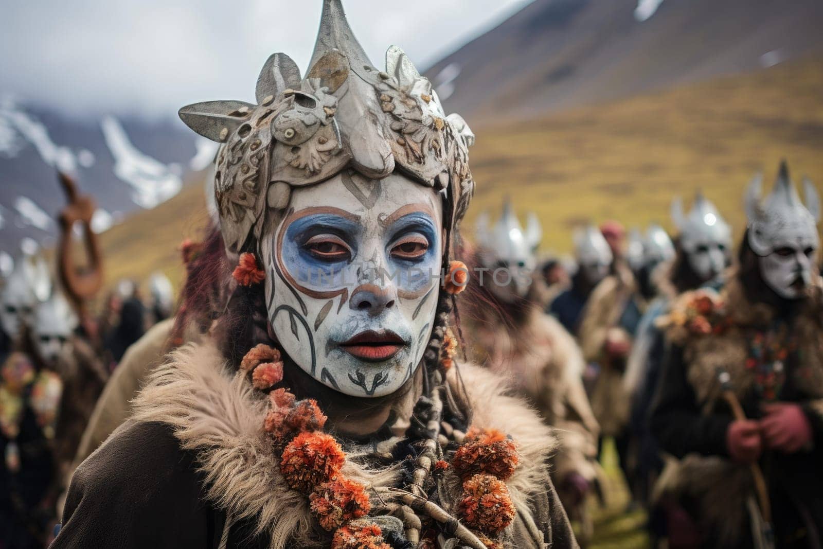 Traditional Peruvian pilgrimage colorful crowd. Vibrant multicolored clothes at religious Peru festival. Generate ai
