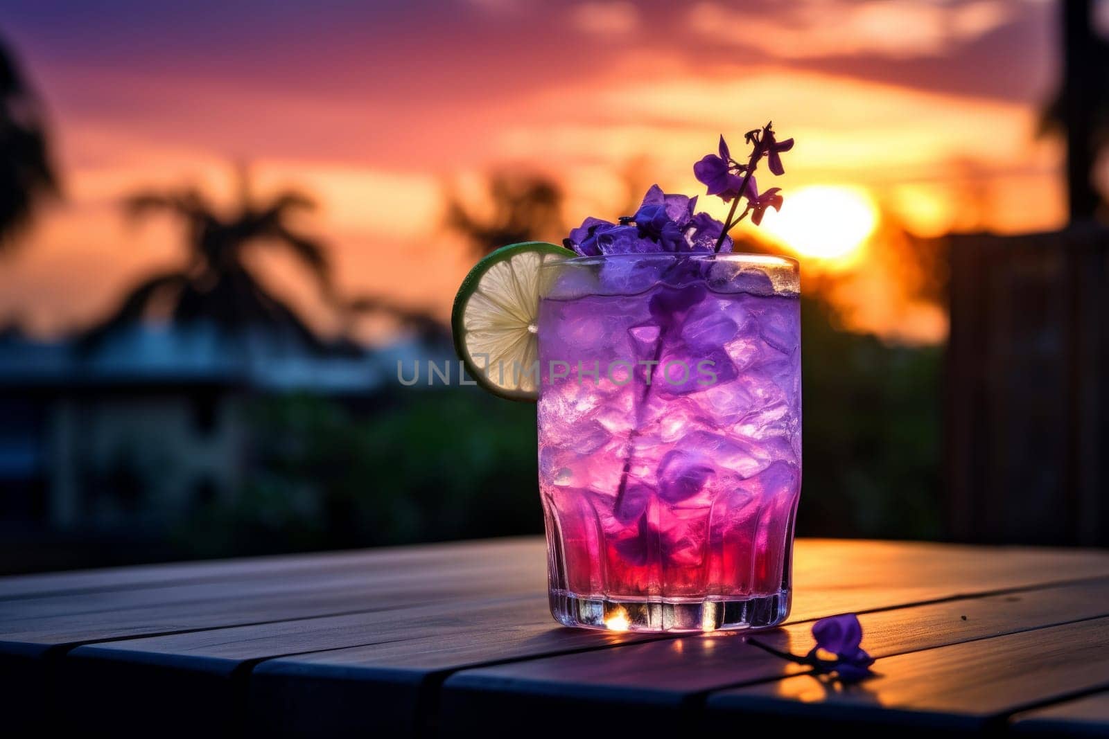 Purple cocktail outdoor. Drink garden. Generate Ai