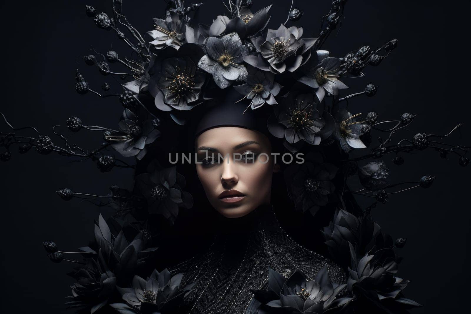 Black queen flowers. Face model creative. Generate Ai