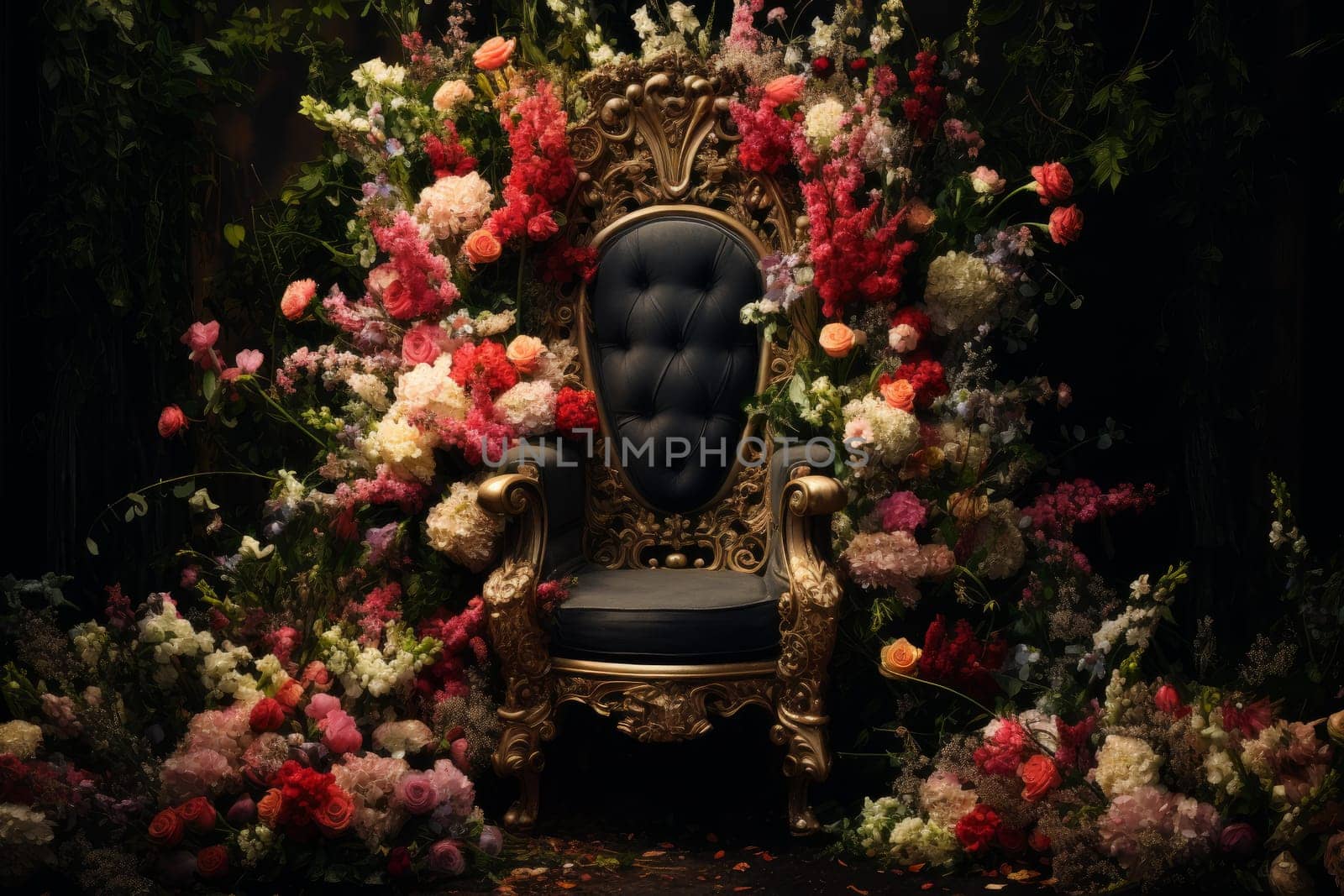 Black queen flowers throne. Model shine art. Generate Ai