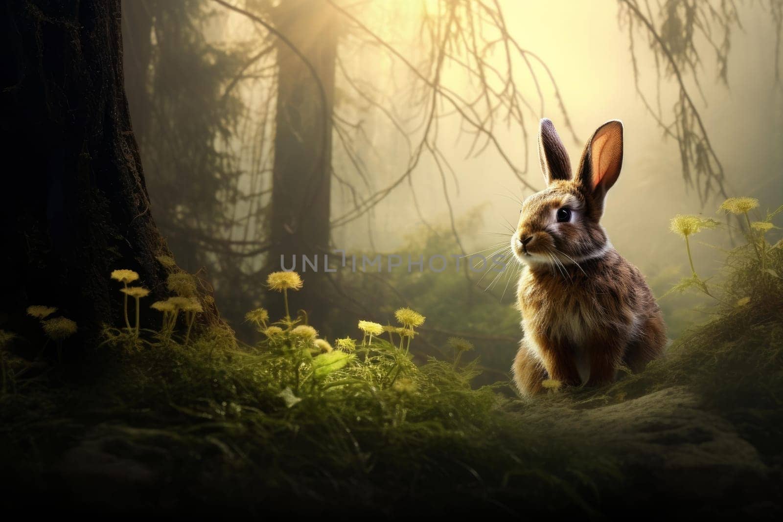 Rabbit forest nature outdoor. Cute wild mammal small fauna. Generate Ai