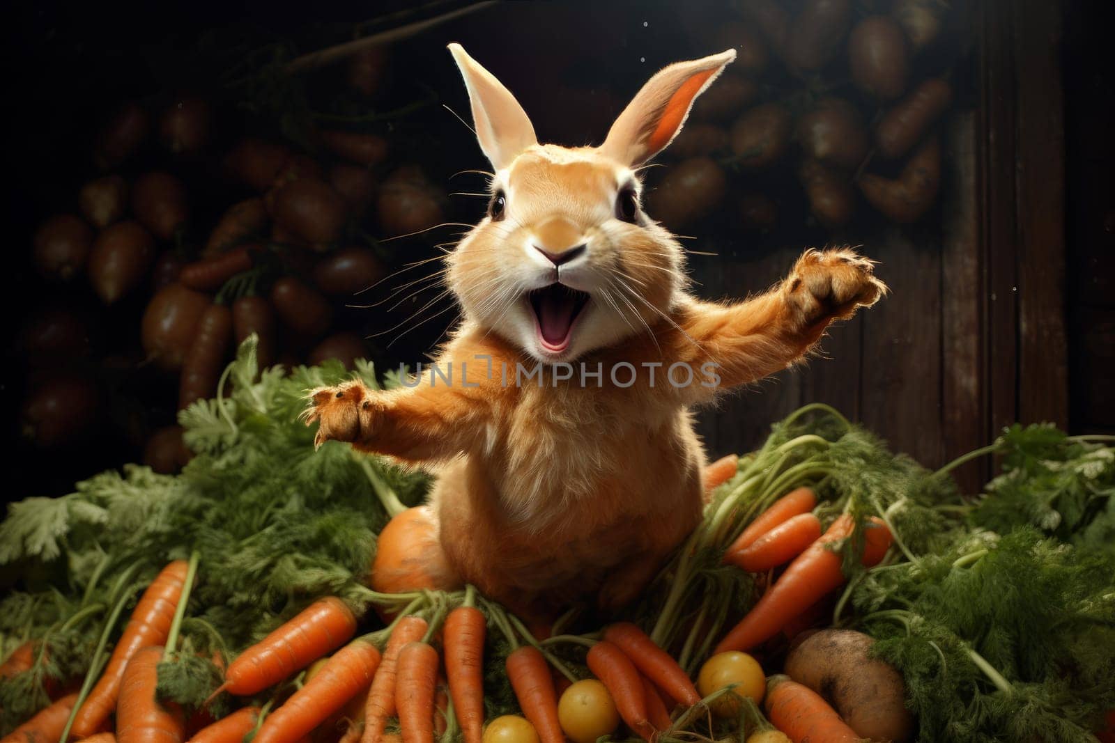 Happy mountain rabbit with heap of carrots. Wild furry hare with veggies harvest in nature habitat. Generate ai
