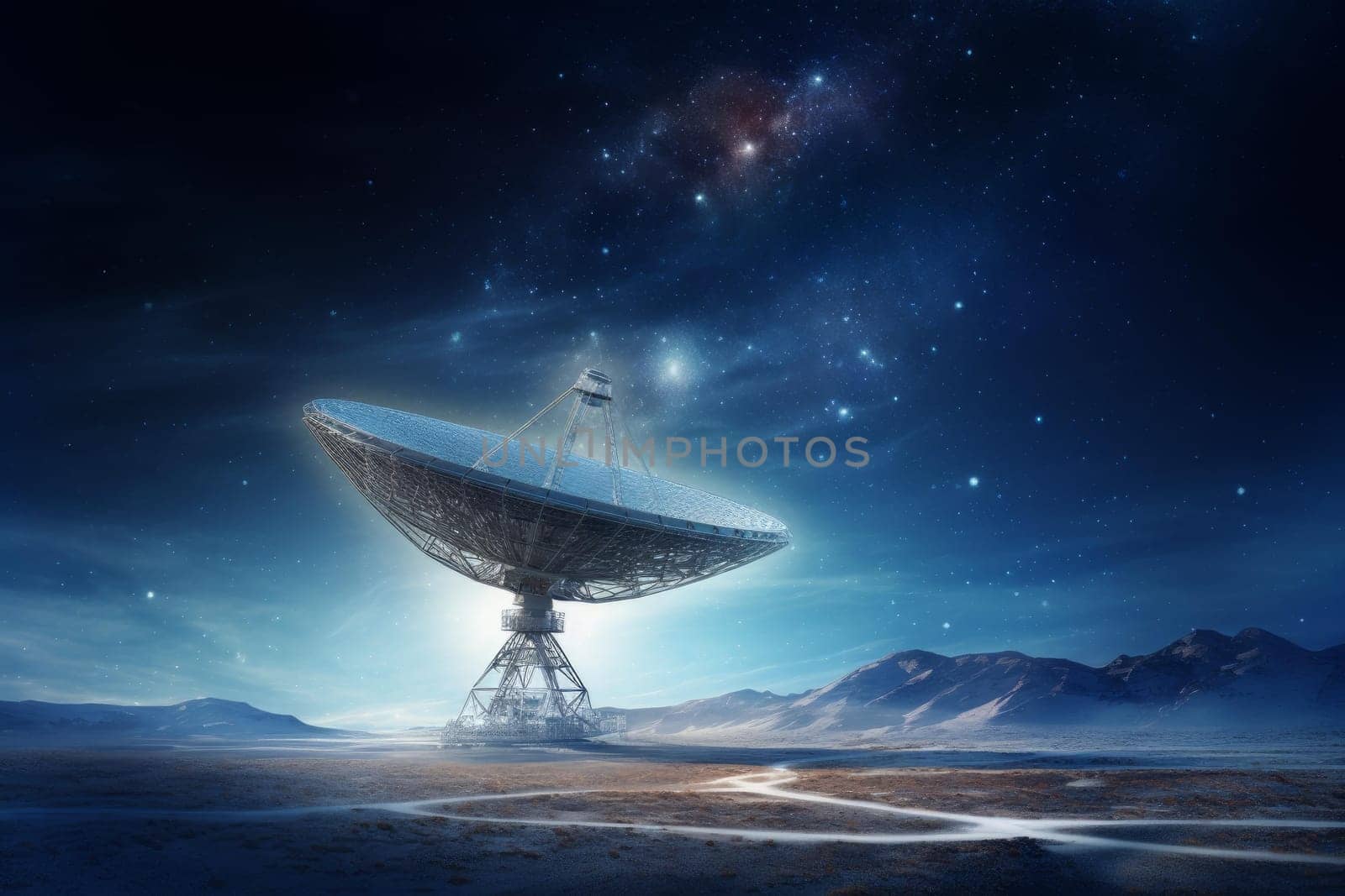 Radio telescope pointing sky at field background. Signal space science research. Generate Ai