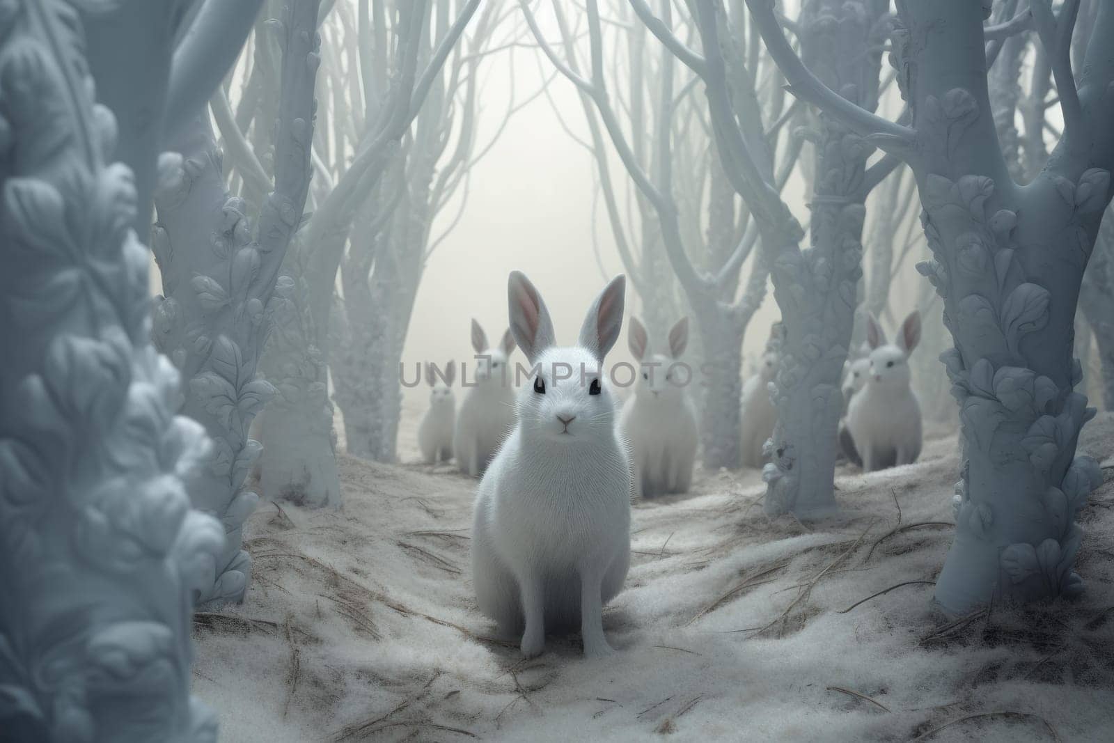 Rabbit white color in forest nature. Leaf park outdoor fur mammal. Generate Ai