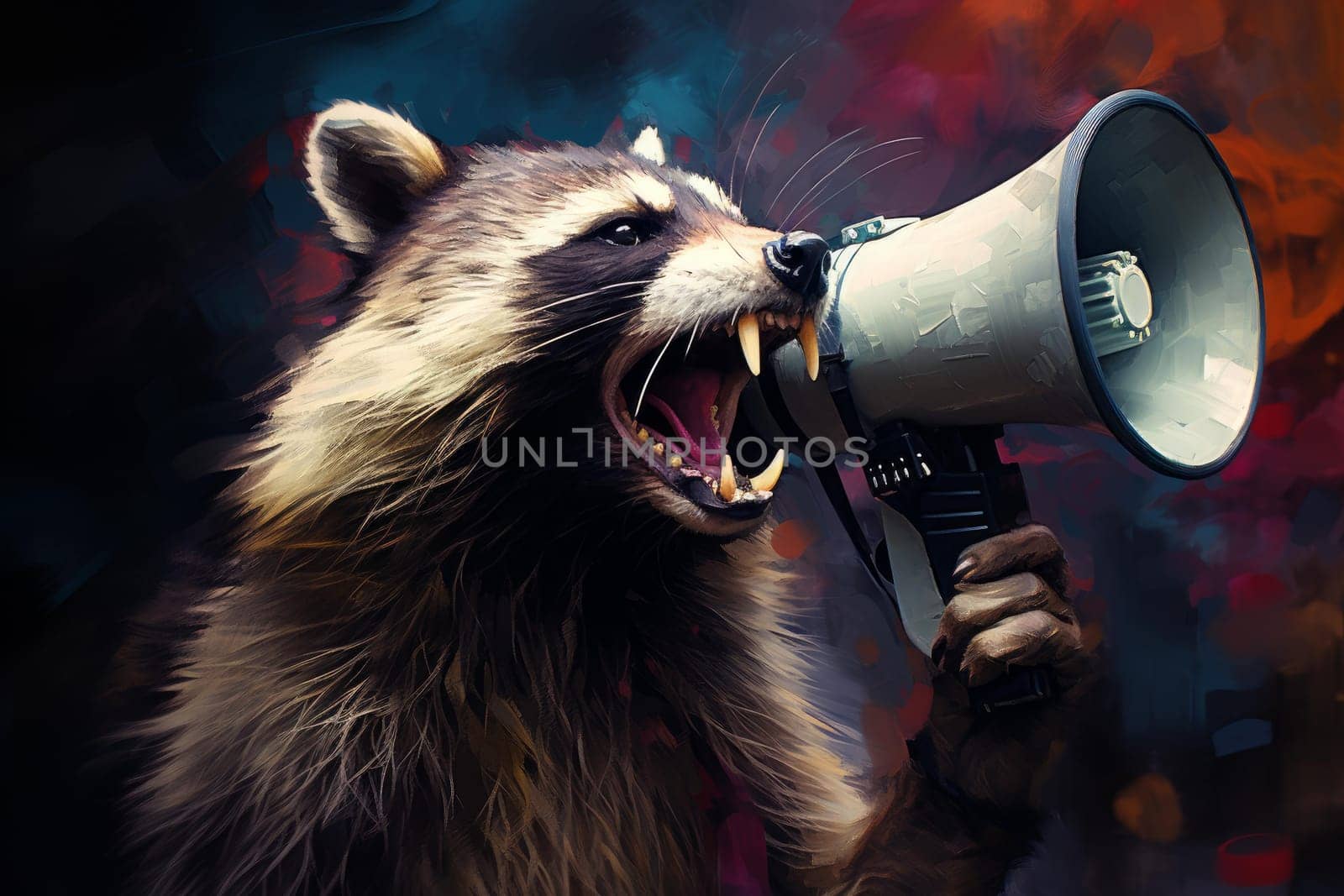 Cute raccoon megaphone promotion. Comic park. Generate Ai
