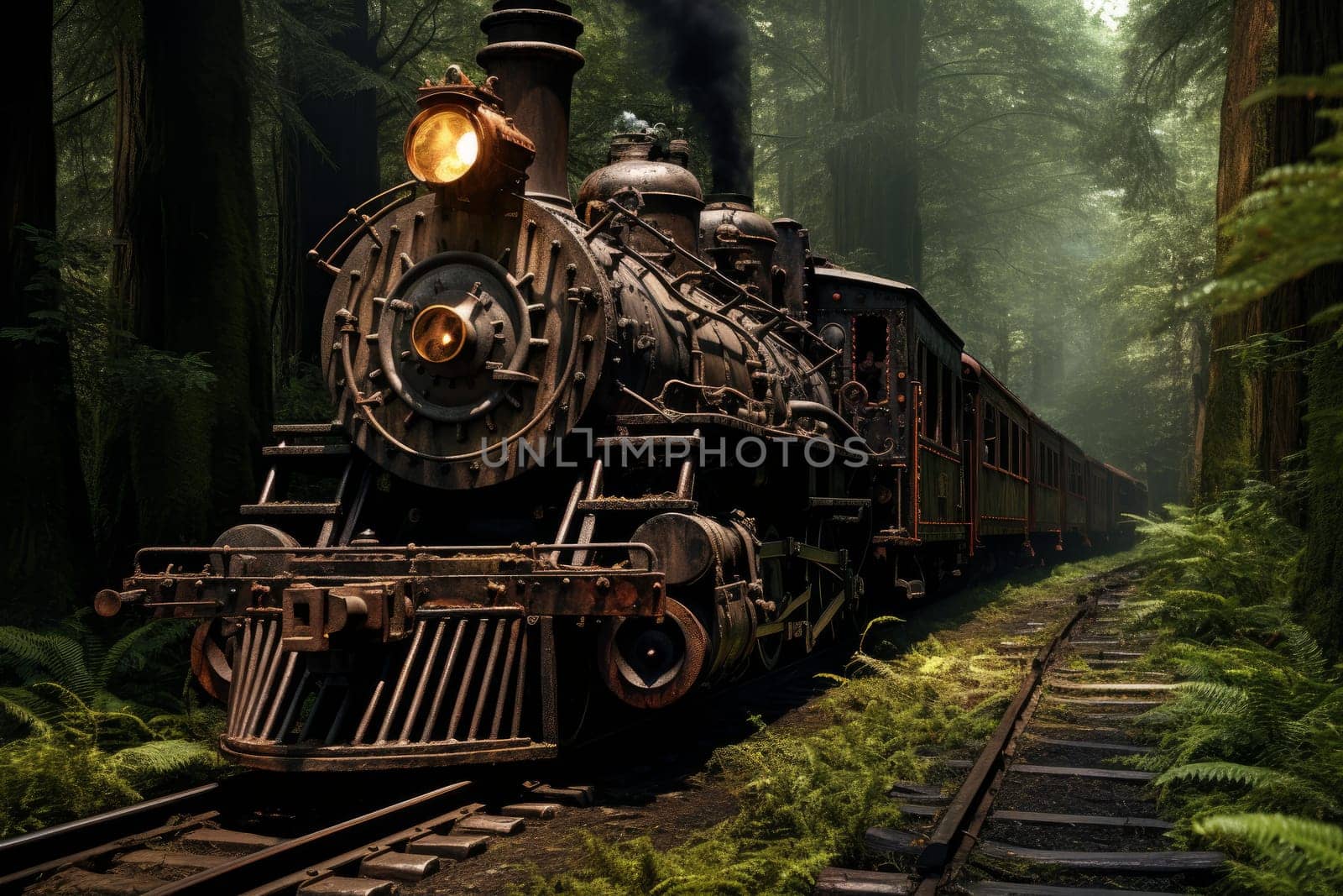 Railroad forest train. Rail nature. Generate Ai