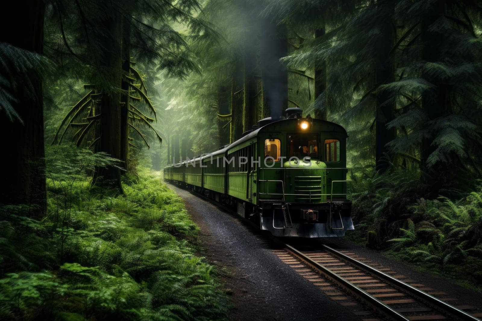 Railroad forest train sunset. Scenery aerial. Generate Ai