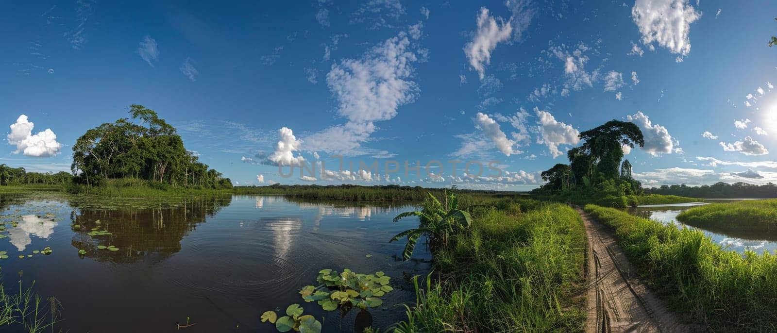 A panoramic view of a jungle river with lush banks under a sky filled with cumulus clouds. The tranquility of the scene is broken only by the gentle flow of water