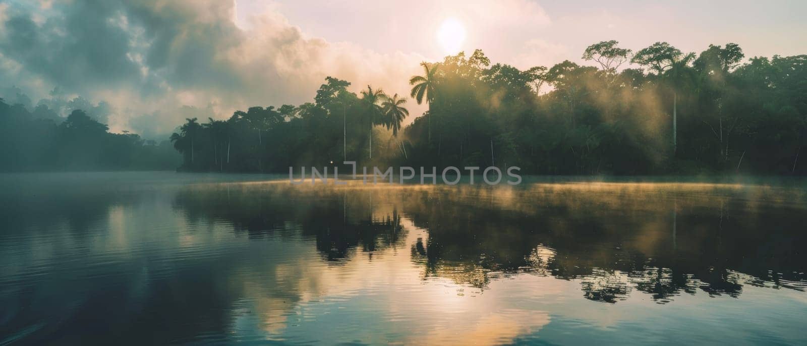 The first light of dawn peeks through clouds, illuminating the mist over a tranquil tropical lake surrounded by dense forest. The water's surface reflects the ethereal morning light