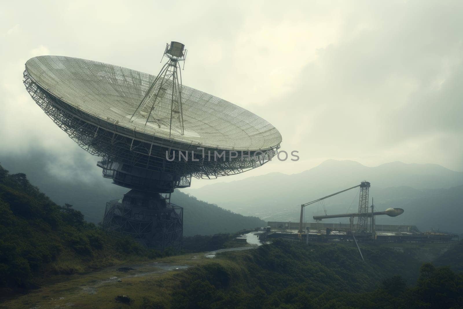Radiotelescope antenna. City sky digital. Generate Ai