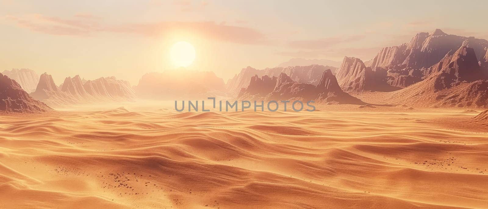 As dusk settles, the serene desert offers a peaceful landscape, with gentle dunes leading towards distant mountains under a sky painted with soft pastel hues
