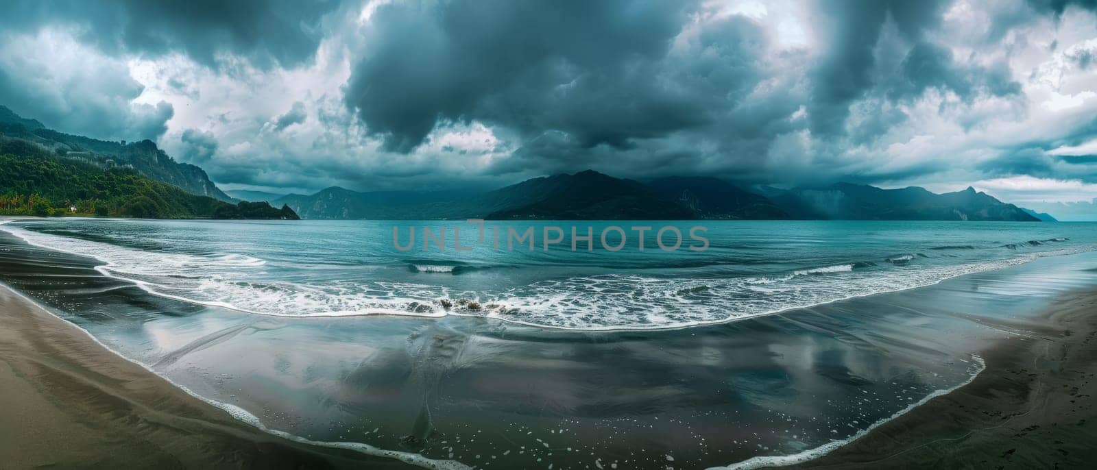 A panoramic view captures the tempestuous beauty of a stormy sea against a rugged coastline, where the drama of nature unfolds under a brooding sky. The contrast of calm beach and turbulent waters