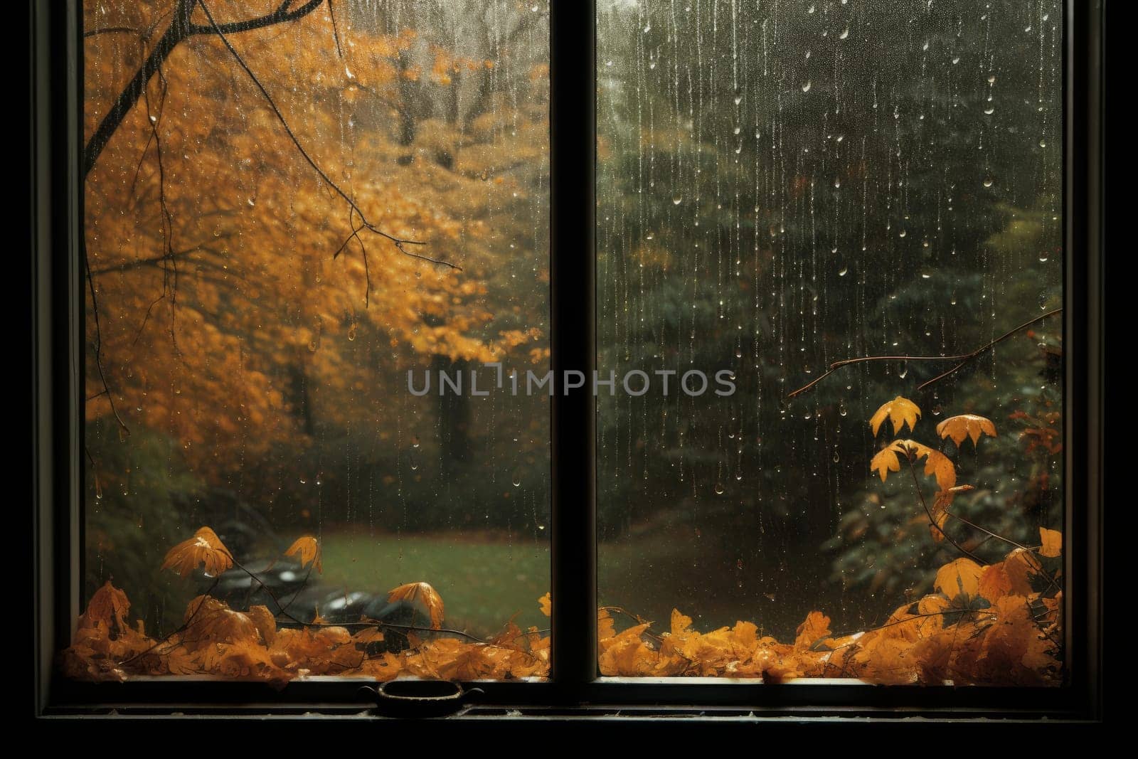 Rainy window autumn. Rain season of drop fall glass. Generate Ai