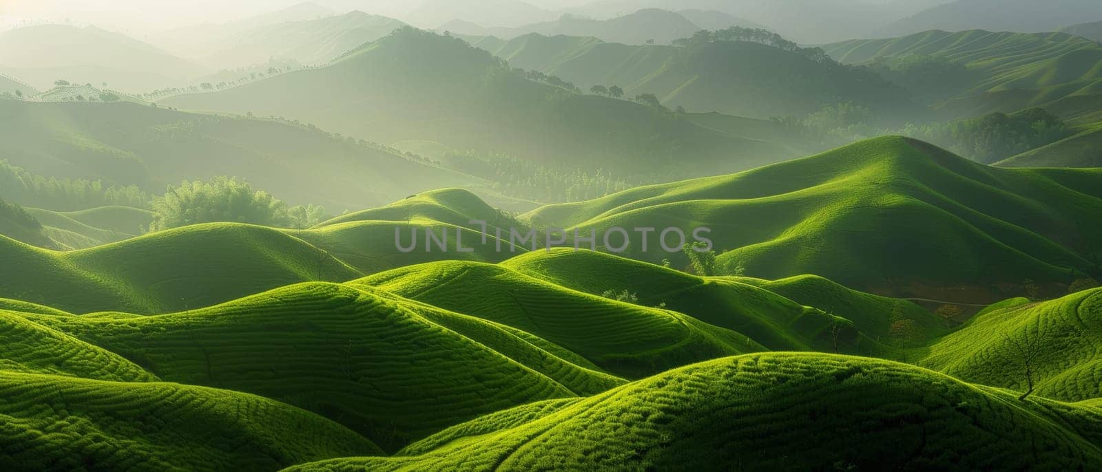 Sunlight filters through the clouds, illuminating the vivid green folds of mountainous terrain. The landscape is alive with the dance of light and life